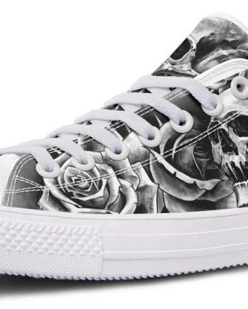Black & White Skull and Rose Pattern Low-Top Sneakers